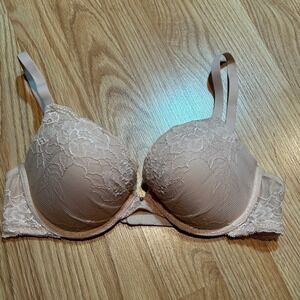 Maidenform Comfort Devotion Lace Demi Bra 36C Nude Blush Underwire Padded
